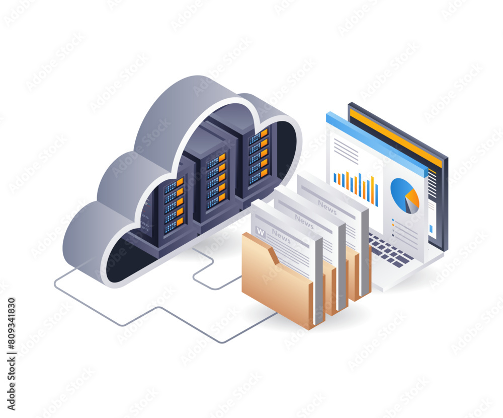 Poster computer cloud data server, infographic 3d illustration flat isometric