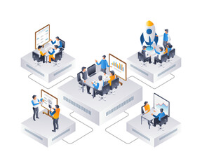 Company work team creates product, flat isometric 3d illustration infographic