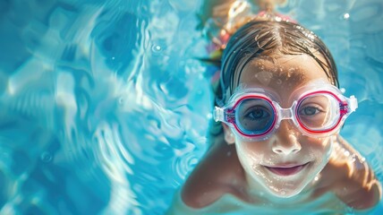 Child swimming underwater in pool with goggles