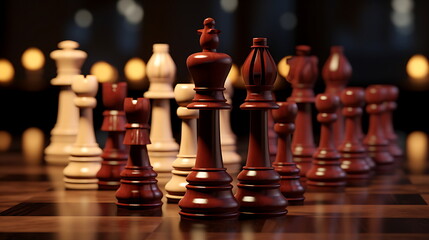 Chess piece on chessboard, competition success and strategy game play,  generative ai