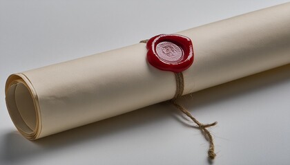 red wax seal on old paper manuscript or papyrus scroll vertically oriented isolated on white background