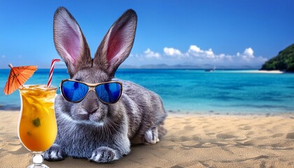 3d cool cute easter bunny on vacation on the beach with a cocktail