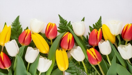 red yellow and white tulip flowers and leaves border isolated on a flat background