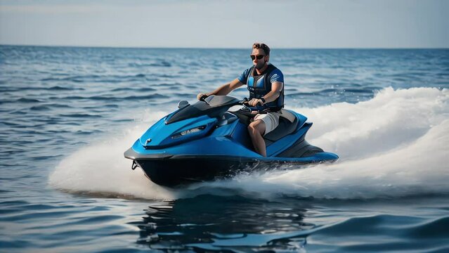 A young man in a swimming vest rides a jet ski on the blue sea
