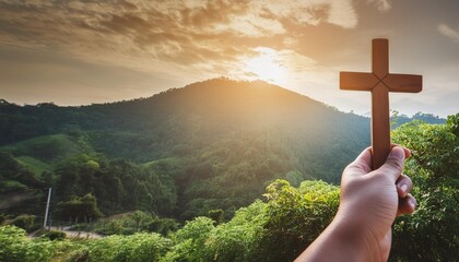 the concept of the christian faith cross mountain and light