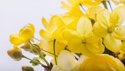 yellow blooming fresh springtime flowers with white background macro