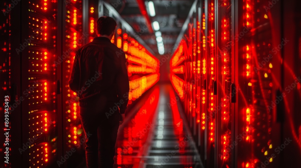 Poster man walking in data center aisle with red lights