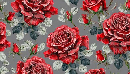 seamless pattern of lush red roses on grey