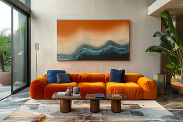 Vibrant Los Angeles Living Room with Artistic Wall Art and Velvet Textures, Enhanced by Sunset Light in a Minimalist Luxury Home
