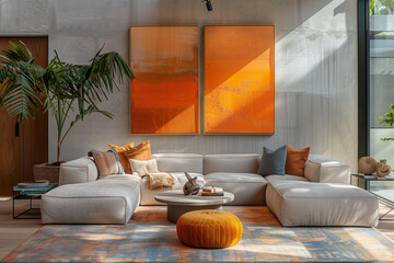 Vibrant Los Angeles Living Room with Artistic Wall Art and Velvet Textures, Enhanced by Sunset Light in a Minimalist Luxury Home