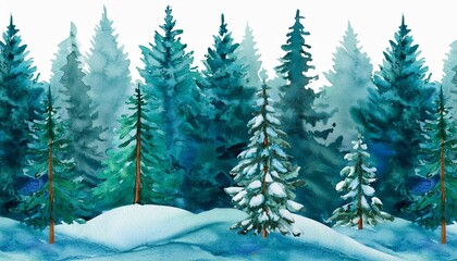 seamless pattern with winter spruce forest watercolor painting isolated on white background