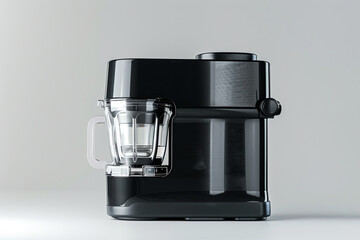A compact juicer with a sleek black finish and a removable juice pitcher isolated on a solid white background.