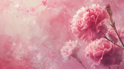 Pink carnation flowers on a watercolor background, copy space.
