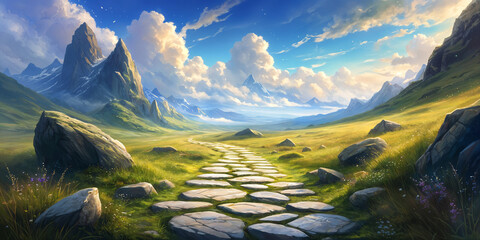 A serene landscape with a stone path leading towards majestic mountains under a clear sky.