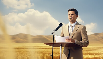 A man in a beige suit stands at a podium in front of a microphone. He is holding a sheet of paper. The podium is in a field of wheat.