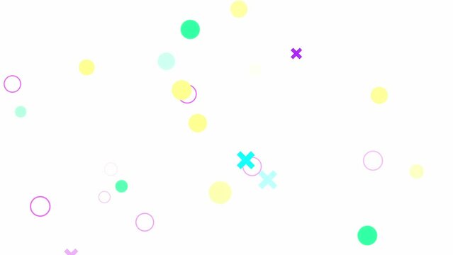 Floating symbols on white background. Appear and disappear randomly, flying circles, rings, crosses shapes in yellow, cyan blue, light green, purple colors. Back to school. End school year. Fun kids