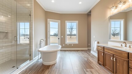 Spacious bathroom with a freestanding tub and glass shower, featuring wooden cabinets and white tile. 