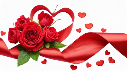 red silk ribbon hearts and waves with rose flowers isolated on white or transparent background for valentine s day