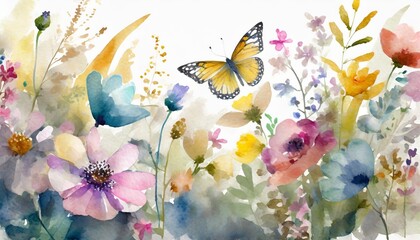 card with colorful abstract wildflowers and butterfly watercolor isolated illustration floral print...