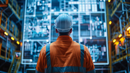 A male worker in a reflective vest interacts with a futuristic digital interface in a high-tech warehouse.