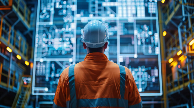 A male worker in a reflective vest interacts with a futuristic digital interface in a high-tech warehouse.