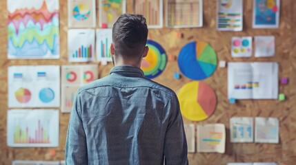 A man examining colorful diagrams and charts on a corkboard, indoors, concept of business analysis. Generative AI realistic