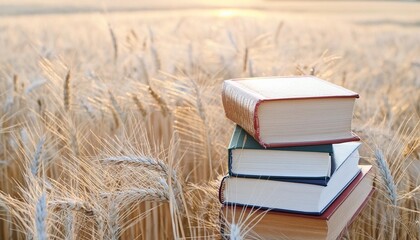 old style books in a wheat field warm bright summer day sunset light golden color rich background...