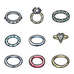 Collection colorful rings jewelry vector illustration isolated white background. Engagement ring precious gem, eternity band, simple wedding bands cartoon drawing. Fashion accessories variety