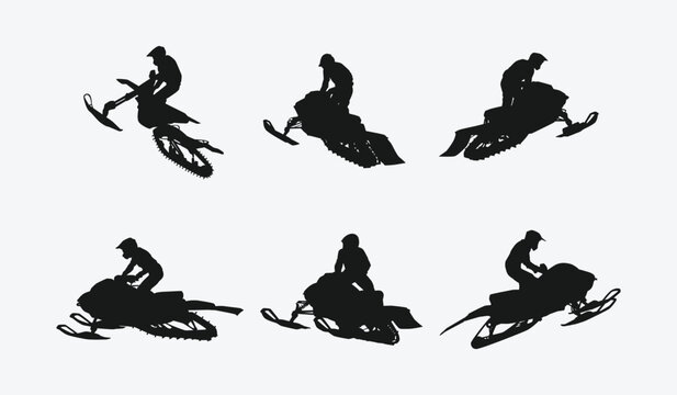 snowmobile silhouette set. winter sports, racing. isolated on white background. graphic vector illustration.