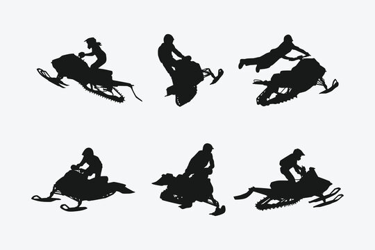snowmobile silhouette set. winter sports, racing. isolated on white background. graphic vector illustration.