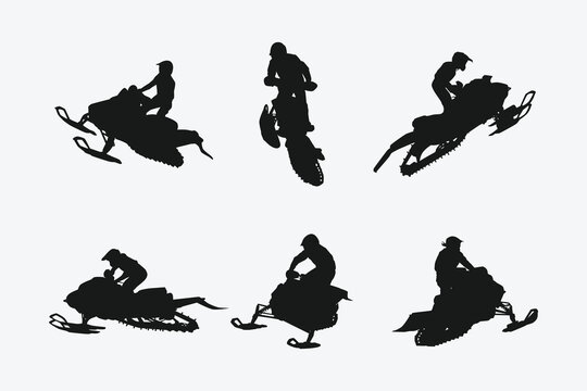 snowmobile silhouette set. winter sports, racing. isolated on white background. graphic vector illustration.