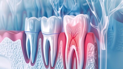 Cross-section of human teeth with gums, highlighting anatomy focus on inflamed tooth