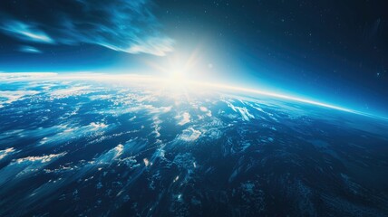 Fototapeta premium Sunrise cresting over Earth, viewed from space with atmospheric glow and starry sky