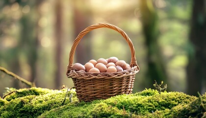 a wicker basket filled with easter eggs on top of a green moss covered ground with trees in the background - Powered by Adobe