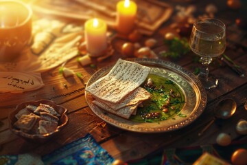 Passover Holiday Celebration with Seder Plate and Traditional Items on Wooden Background