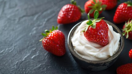 Strawberry atop dollop of cream in rustic bowl, with more strawberries around