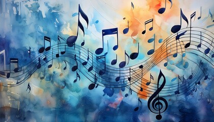 a painting of music notes on a blue background perfect for music related designs