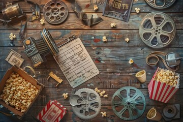 Cinema Magic Scene with Projector, Clapperboard, and Film Reels on a Nostalgic Wooden Background