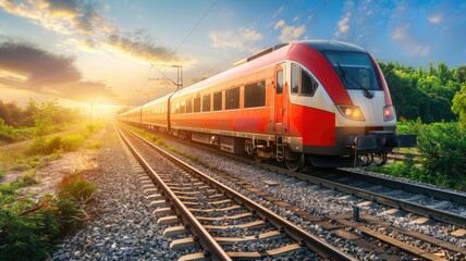 Naklejka premium Red passenger train traveling on tracks at sunset with vibrant sky