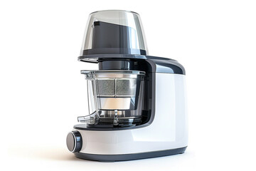 A compact juicer with a transparent pulp container and a built-in safety lock system isolated on a solid white background.