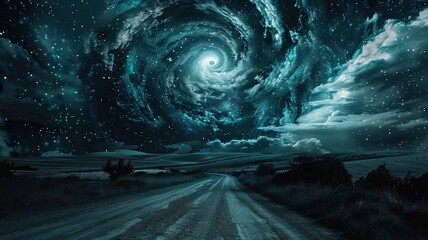 Surreal landscape with swirling night sky over rural road
