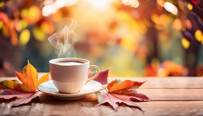 hot steaming cup of coffee and autumn leaves on wooden table background beautiful bokeh autumn...
