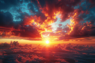 Fototapeta premium A radiant sunrise painting the sky in shades of gold and crimson, signaling the start of a new day. Concept of renewal and optimism. Generative Ai.