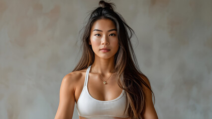 Serene Asian Woman: Long Straight Hair in Yoga Attire, Zen Vibes: Sleek Hair on Asian Yoga Enthusiast, Calm and Centered: Woman in Yoga Outfit with Long Hair