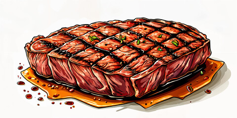A large, juicy steak with a golden-brown crust, placed on a wooden cutting board and surrounded by sauce.