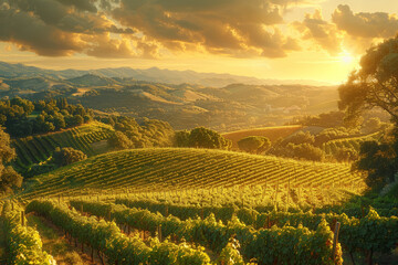A picturesque vineyard bathed in golden sunlight, with rows of grapevines stretching across rolling...
