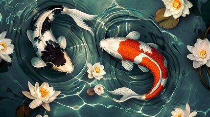 Yin Yang Two Koi fishes swimming in a pond with white lotus flowers