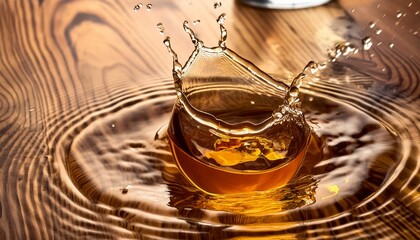 a close up of a whisky droplet splashing into a glass capturing the dynamic movement and golden hue