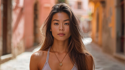 Serene Asian Woman: Long Straight Hair in Yoga Attire, Zen Vibes: Sleek Hair on Asian Yoga Enthusiast, Calm and Centered: Woman in Yoga Outfit with Long Hair