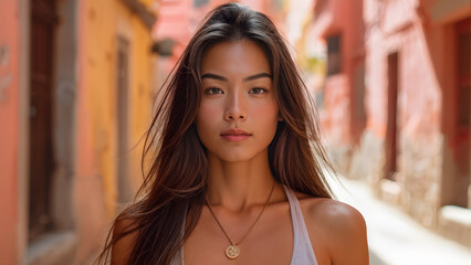 Naklejka premium Serene Asian Woman: Long Straight Hair in Yoga Attire, Zen Vibes: Sleek Hair on Asian Yoga Enthusiast, Calm and Centered: Woman in Yoga Outfit with Long Hair